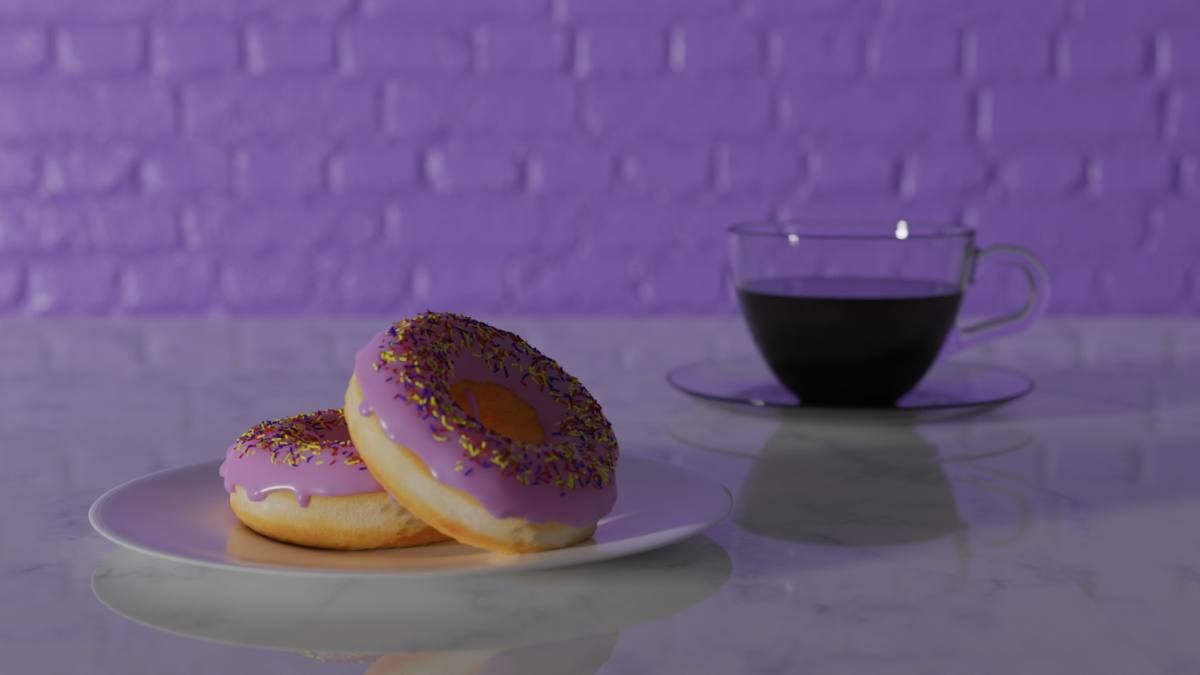 Mit Blender erstellte Donuts und Kaffeetasse und Hintergrund (Bild Andreas Rabe)